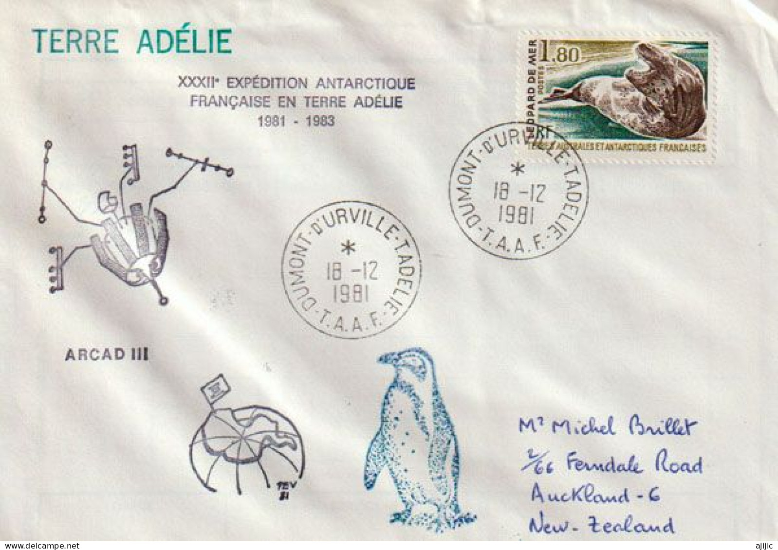 Satellite Arcad 3 Over Antarctica 1981, Letter From Dumont D'Urville Station (Terres Australes) To New-Zealand - Otros & Sin Clasificación