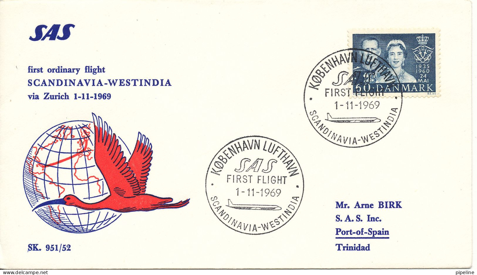 Denmark SAS First Flight Scandinavia - Westindia Trinidad Via Zurich 1-11-1969 - Brieven En Documenten