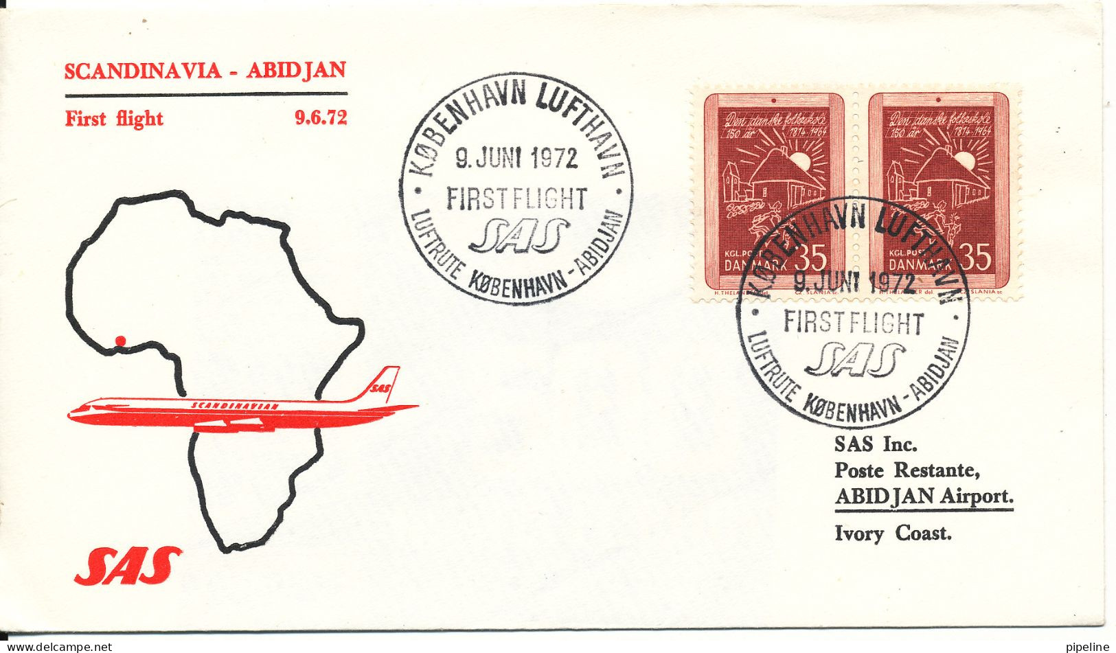 Denmark SAS First Fligh Scandinavia - Abidjan 9-6-1972 - Lettres & Documents