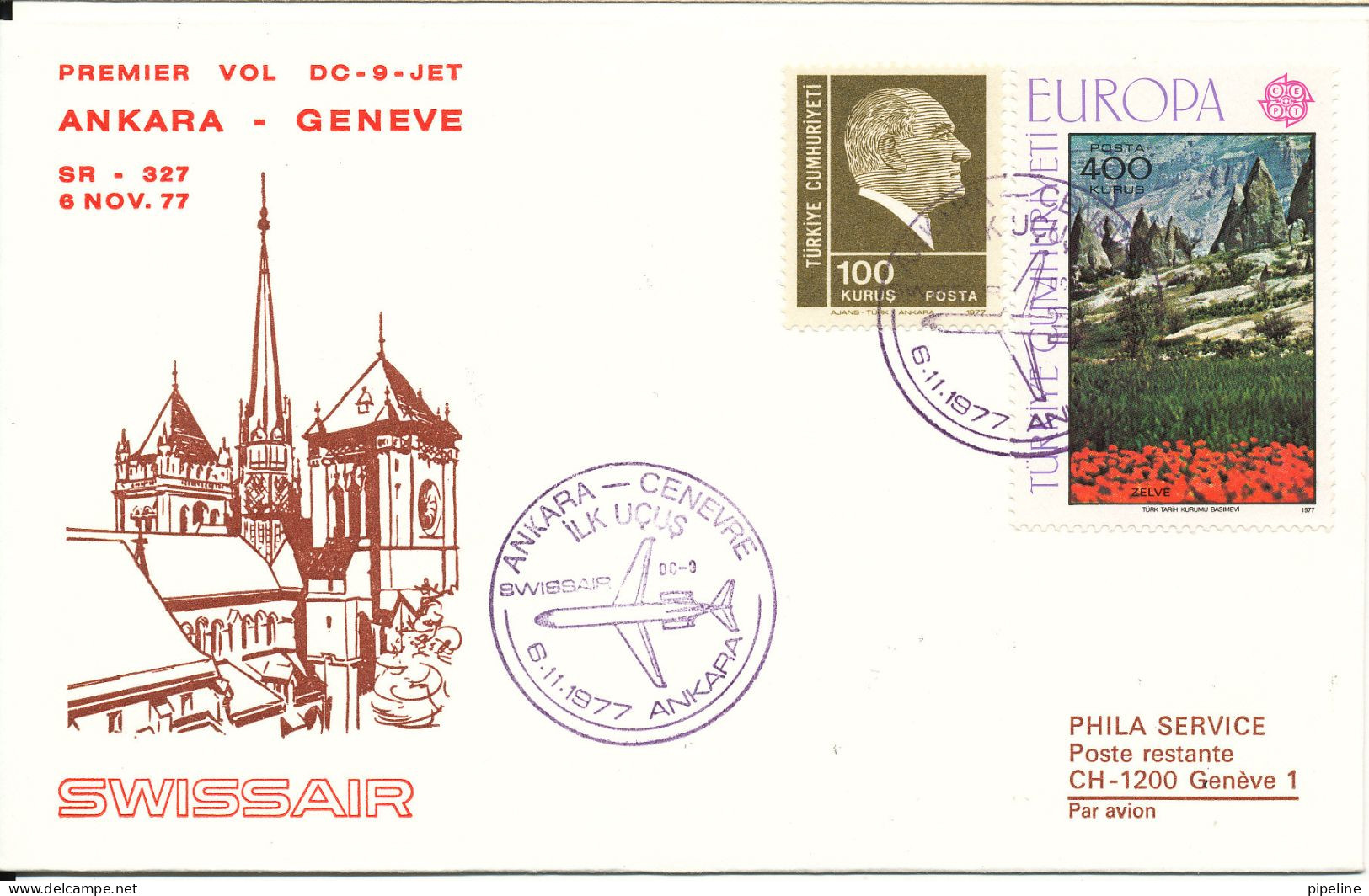 Turkey Cover First Flight Swissair CC-9 JET Ankara - Geneve 6-11-1977 - Brieven En Documenten