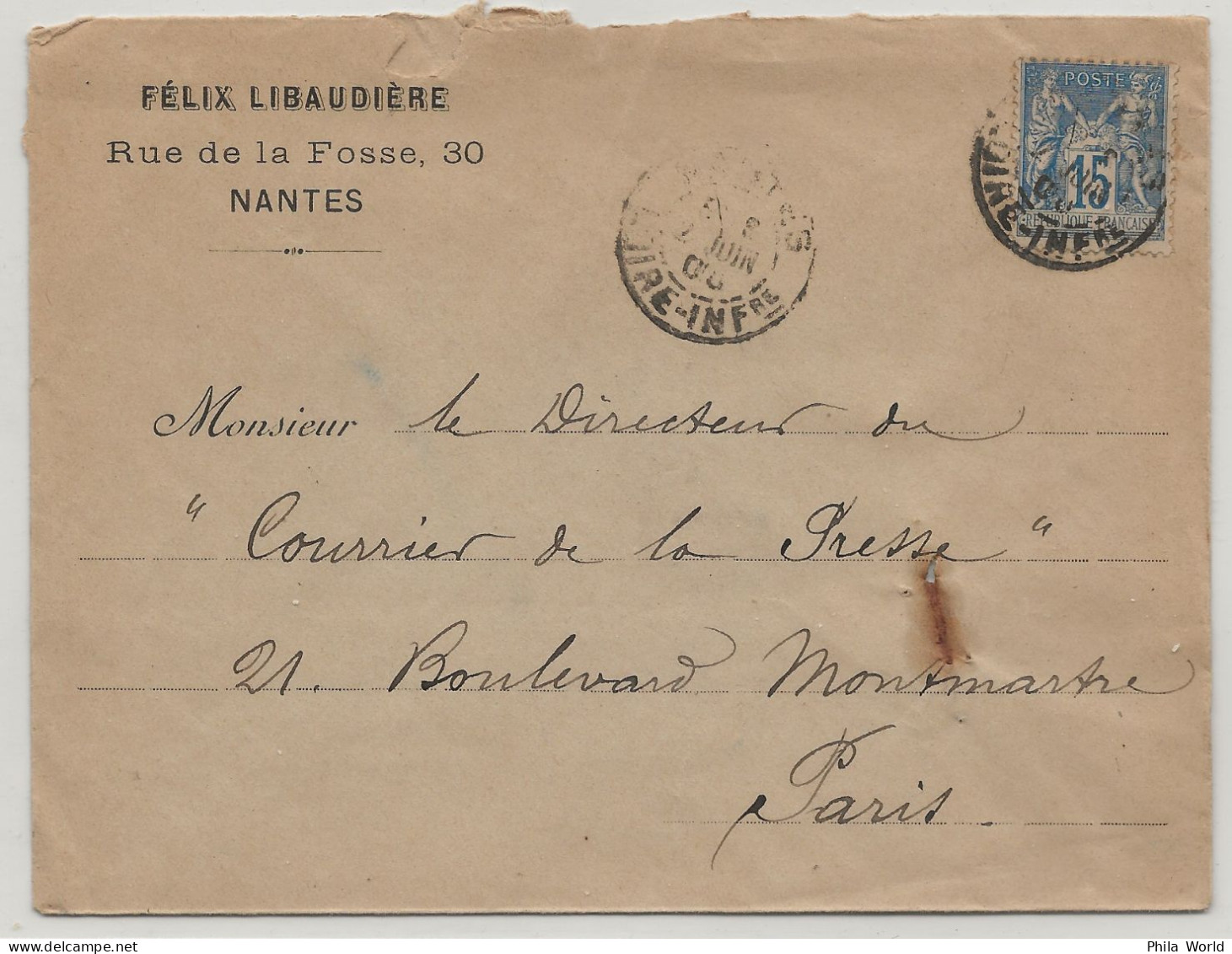 FRANCE Type SAGE Type II 1900 15 C S Lettre NANTES Loire Inférieure Pour PARIS - 1876-1898 Sage (Type II)