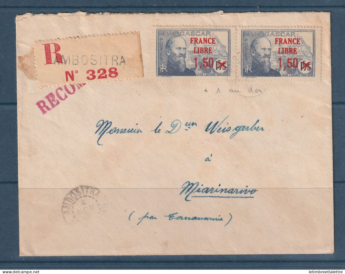 Madagascar - YT N° 263 - Oblitéré Ambositra En Recommandé - 1944 - Lettres & Documents
