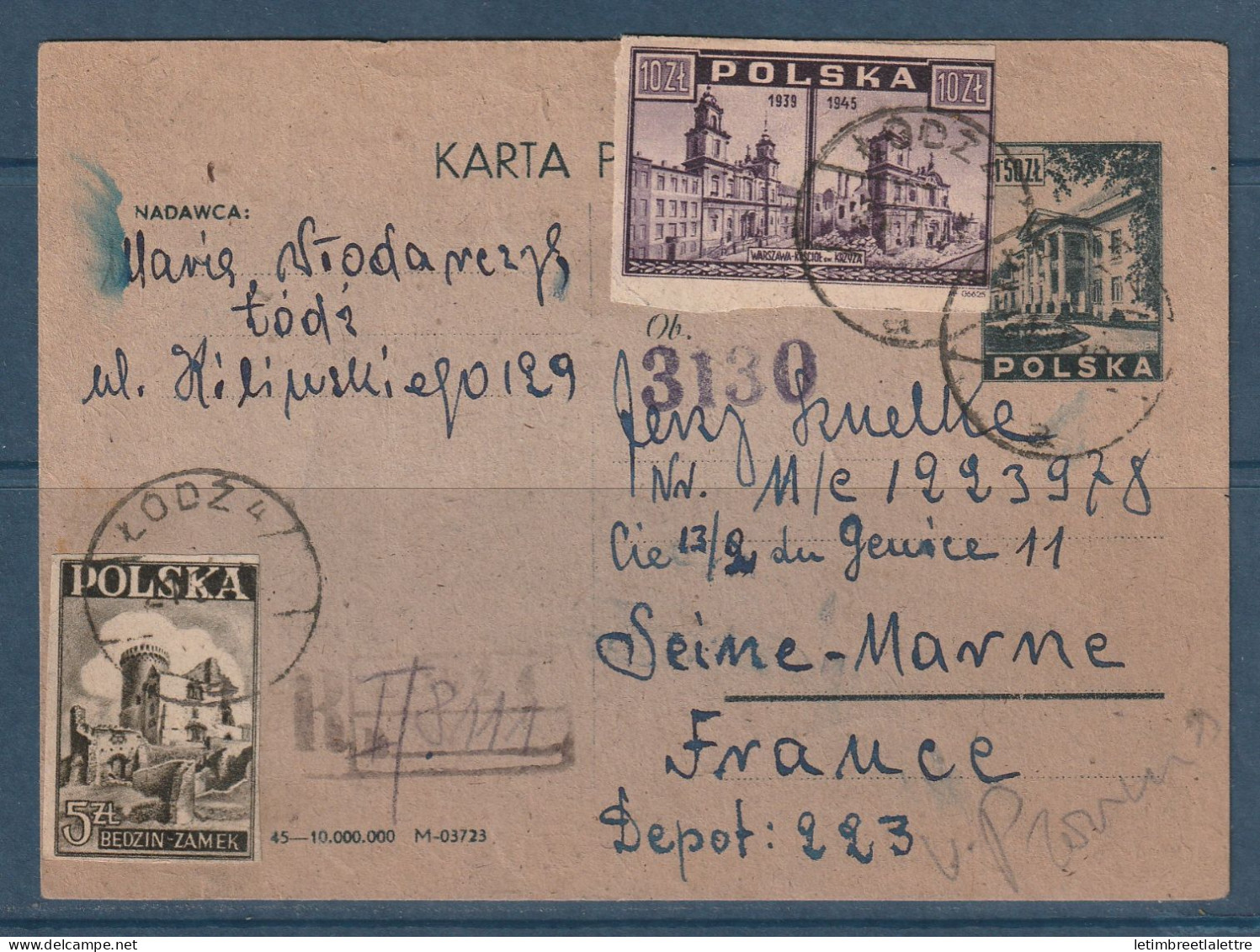 Pologne - Entier Postal En Recommandé - Avec Complément D'affranchissement - Pour La France - 1946 - Postwaardestukken