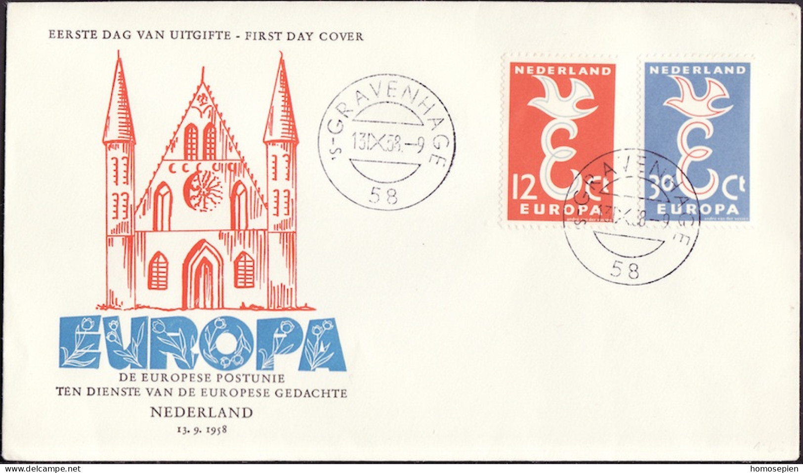 Europa CEPT 1958 Pays Bas - Netherlands - Niederlande FDC4 Y&T N°691 à 692 - Michel N°718 à 719 - 1958