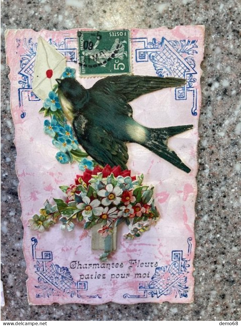 Fantaisie Hirondelle Swallow Enveloppe Fleurs Découpis Collages Superbe Carte "charmantes Fleurs Parlez Pour Moi" - Autres & Non Classés