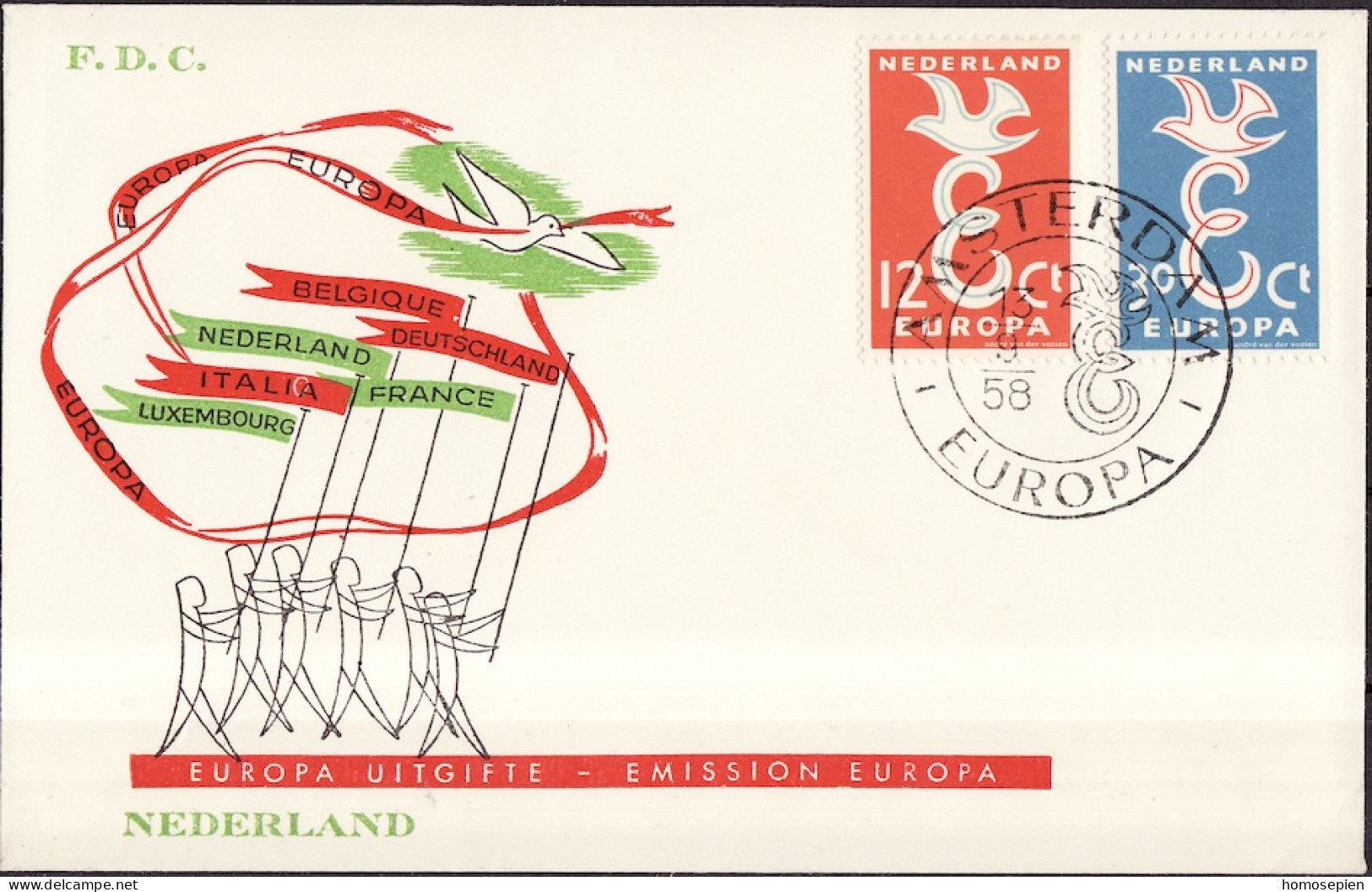 Europa CEPT 1958 Pays Bas - Netherlands - Niederlande FDC8 Y&T N°691 à 692 - Michel N°718 à 719 - 1958