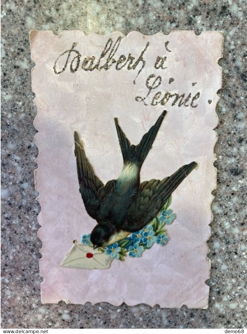 Fantaisie Hirondelle Swallow Enveloppe Fleurs Découpis Collages Superbe Carte "Dalbert à Léonie" - Autres & Non Classés
