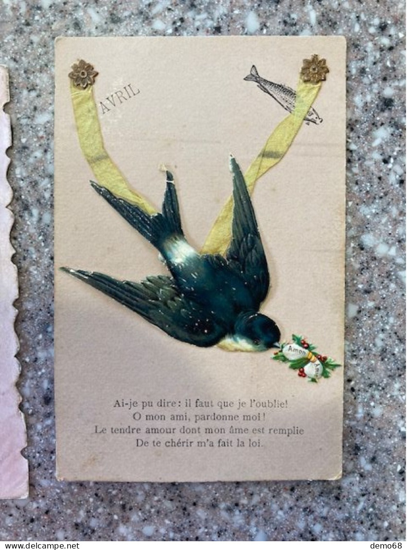 Fantaisie Hirondelle Swallow Fleurs Rubans Poisson D'Avril  Découpis Collages Superbe Carte "A Mon Amie" - Autres & Non Classés