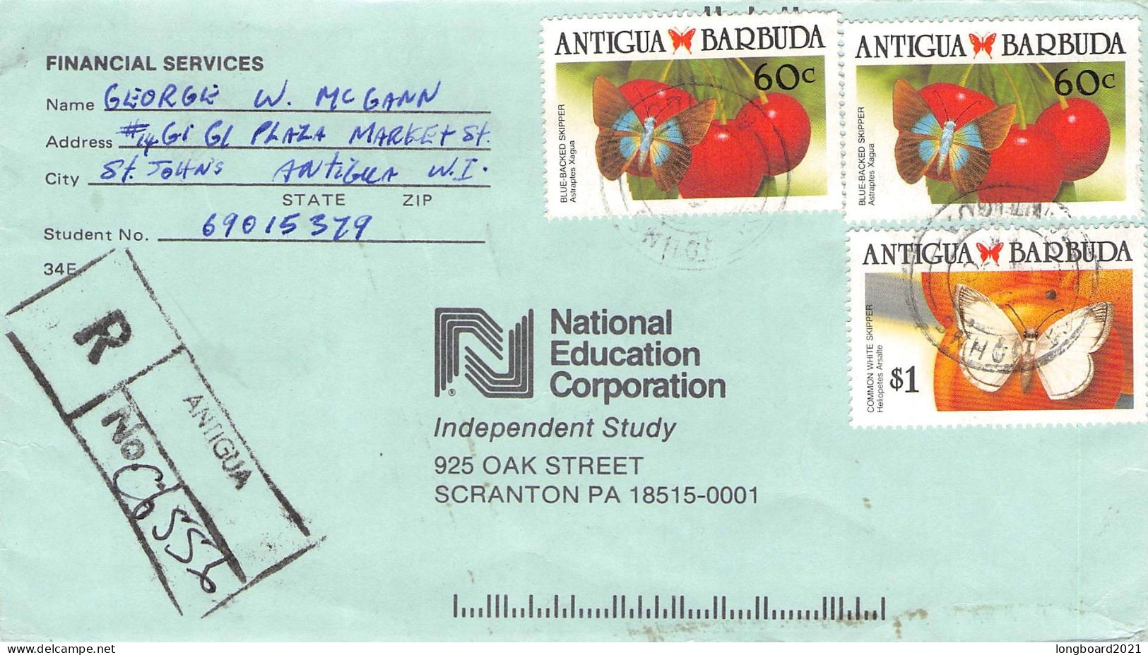 ANTIGUA & BARBUDA - REGISTERED AIRMAIL 19?? - SCRANTON/USA / *2039 - Antigua And Barbuda (1981-...)