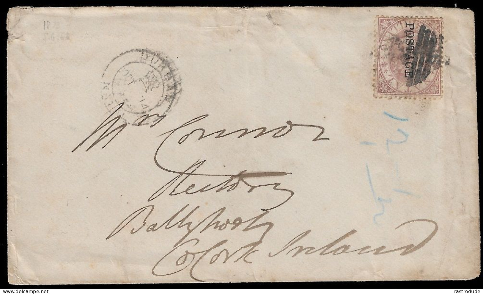 1873 NATAL 1 SHILLING OVPT. POSTAGE ON COVER FROM DURBAN TO IRELAND - VERY RARE ON COVER - Natal (1857-1909)