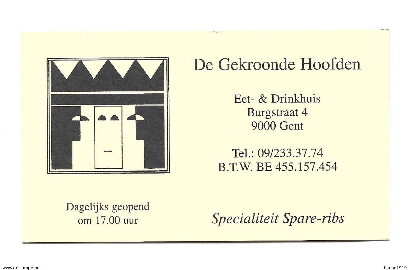 Gent Burgstraat Eet & Drinkhuis De Gekroonde Hoofden Etiquette Visitekaartje Htje - Cartes De Visite