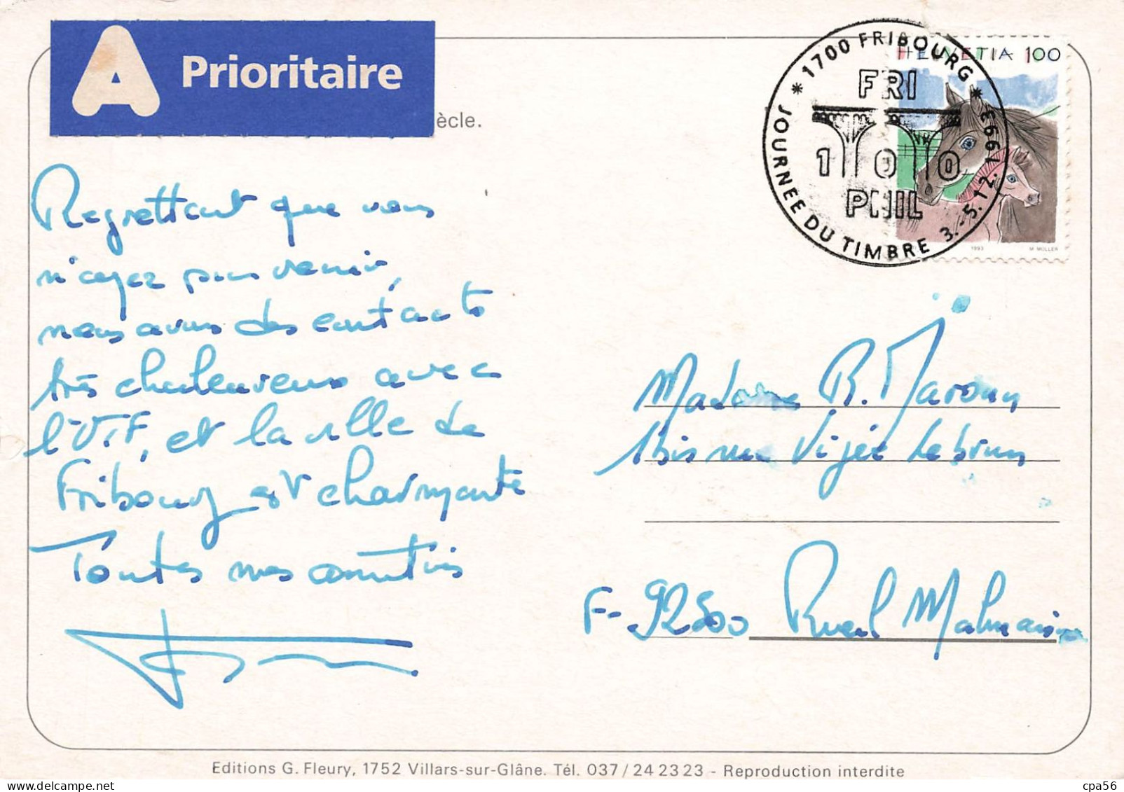 Cachet FRIBOURG 1993 Journée Du Timbre Sur Carte - Covers & Documents