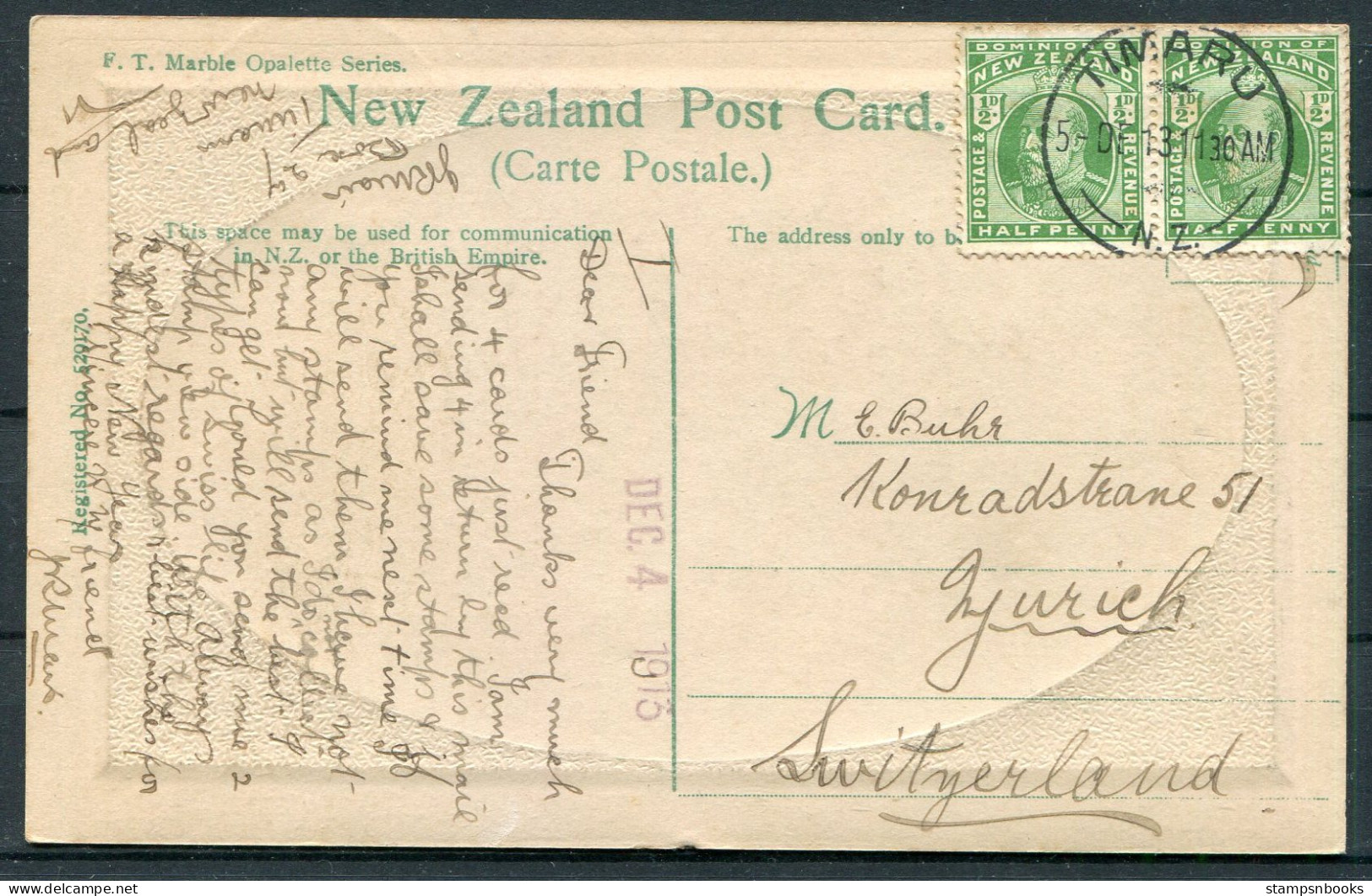 1913 New Zealand Taihape Postcard Timaru - Zurich Switzerland - Lettres & Documents