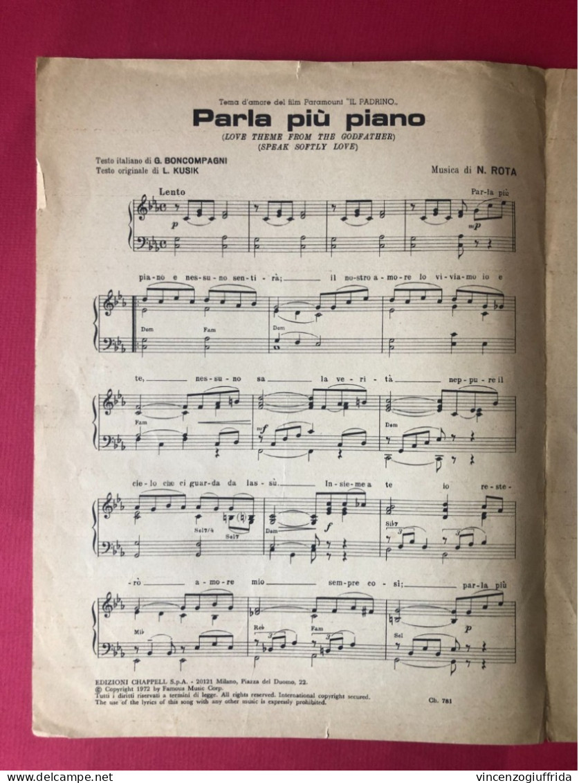 Spartito Musicale D'epoca Parla Più Piano Dal Film Il Padrino Musica N Rota 1973 Buone Condizioni - Filmmusik