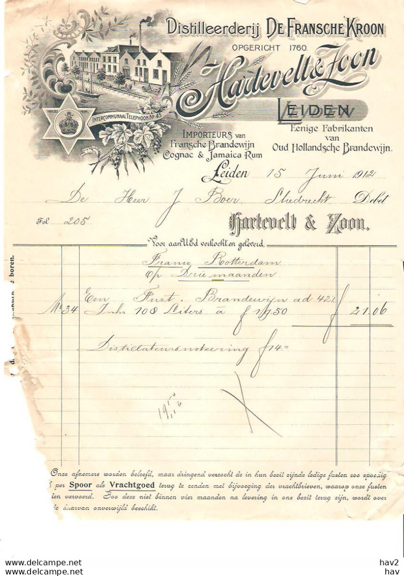 Leiden Briefhoofd-Nota Hartevelt & Zoon 1912 KE3977 - Pays-Bas