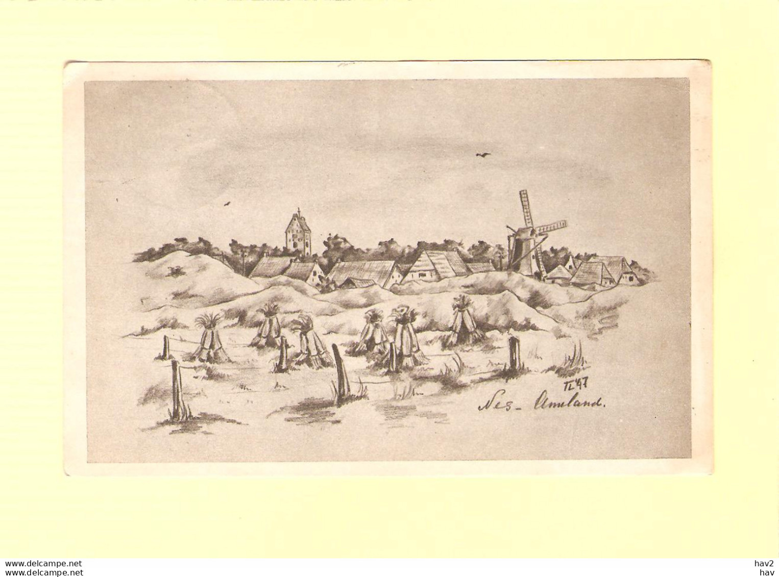 Ameland Nes Tekening Landschap Molen 1949 RY33649 - Ameland