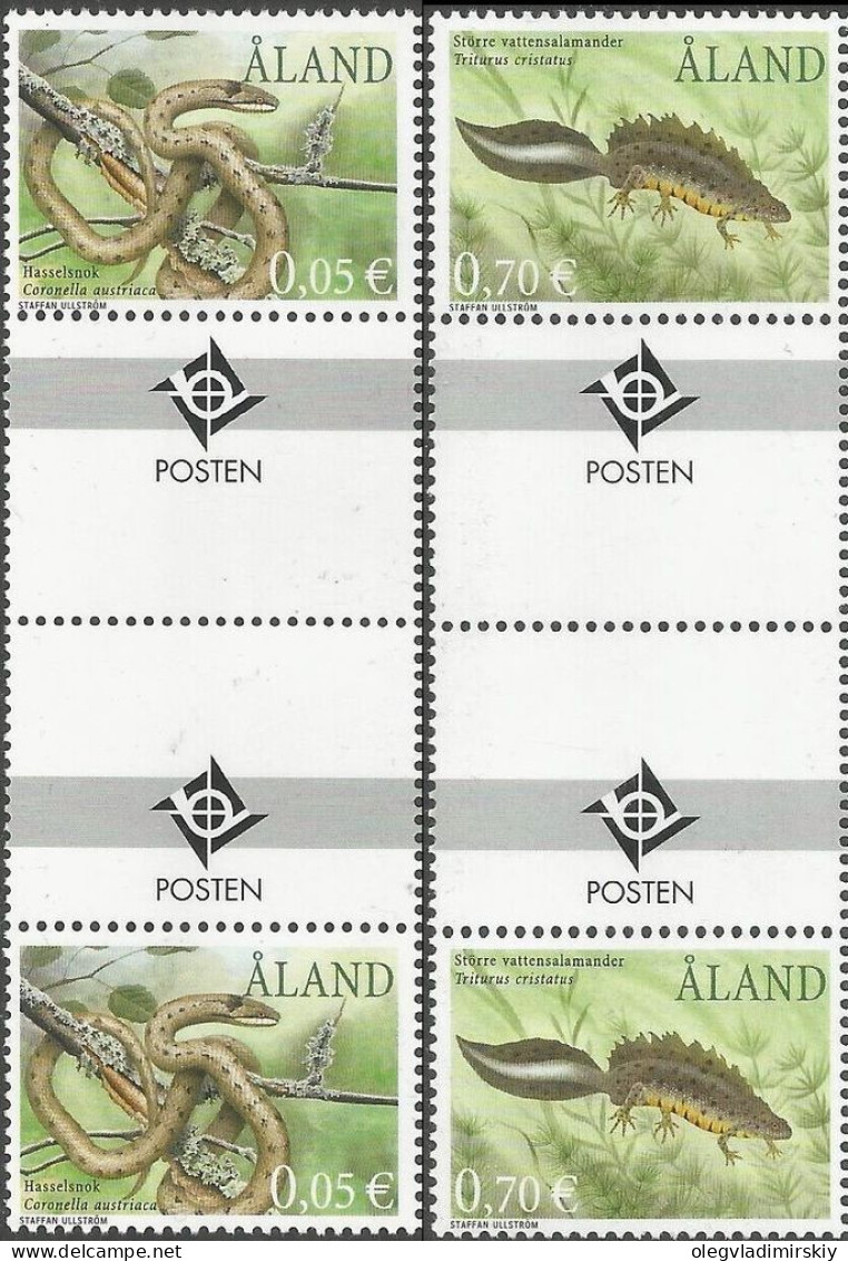 Aland Islands Åland Finland 2001 Snake And Newt Set Of 2 Strips With Labels Gutter-pairs Mint - Serpents