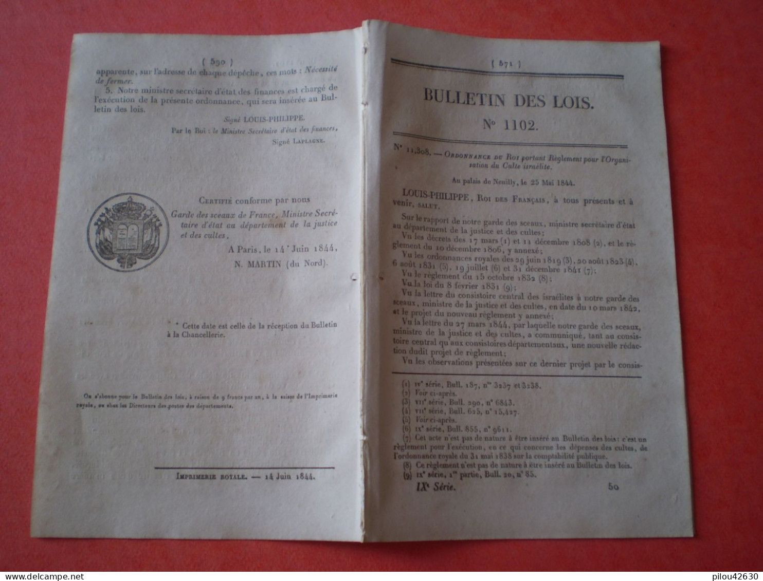 Décret De Louis Philippe Sur Les Juifs : Organisation Générale Du Culte Israélite :consistoire Central,des Département - Decreti & Leggi