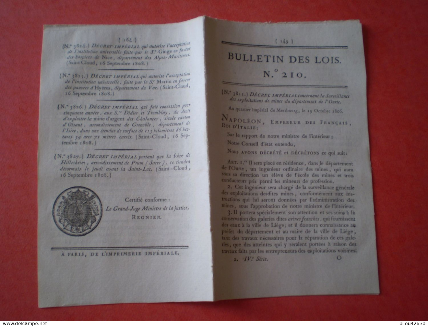 Décret De Napoléon Sur Le Consistoire Central Des Juifs à Paris. Douanes De Toscane. Peine Des Fers Pour Marin... - Decreti & Leggi