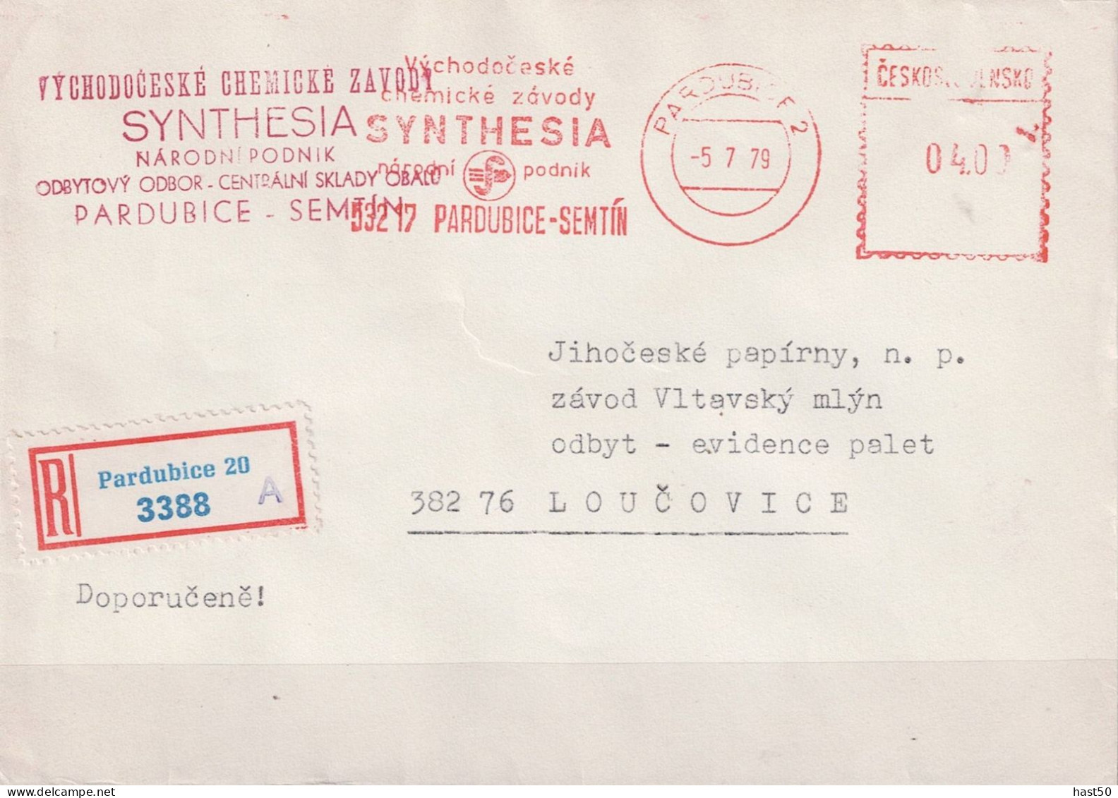 Tschechoslowakei CSSR -  R-Brief Mit Maschinenwerbestempel SYNTHESIA  Pardubice Vom 5.7.79 Nach Loučovice - Brieven En Documenten