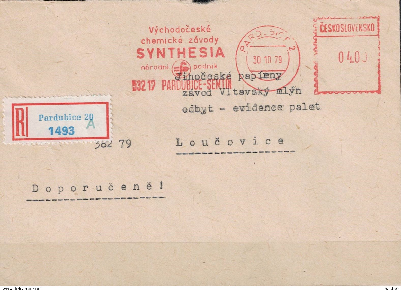 Tschechoslowakei CSSR -  R-Brief Mit Maschinenwerbestempel SYNTHESIA  Pardubice Vom 30.10.79 Nach Loučovice - Storia Postale