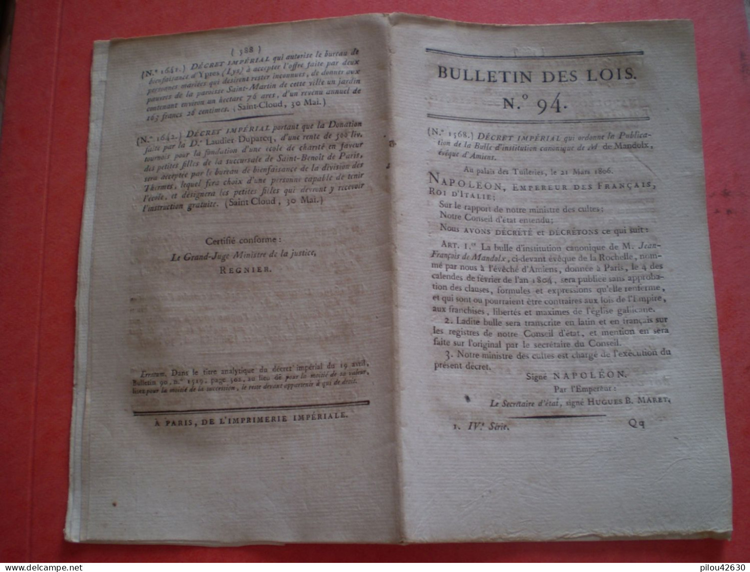 Napoléon: Bulle Canonique Tours,Amiens, La Rochelle,Chambéry,Meaux, Mende,Quimper. Jugements Des Usuriers Juifs - Decreti & Leggi