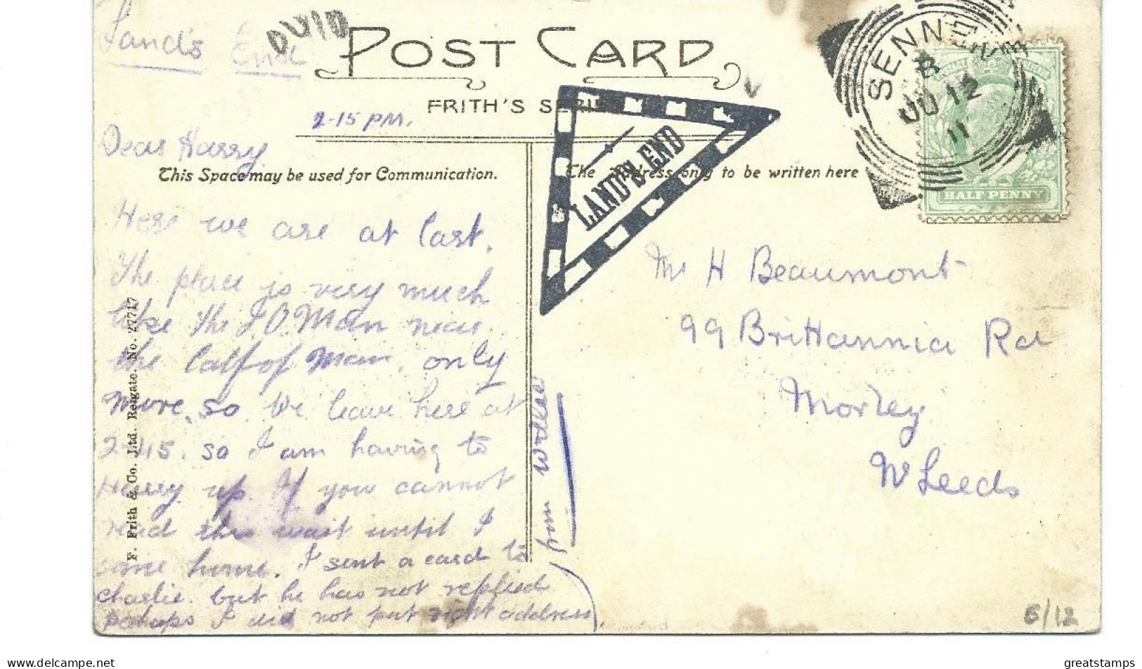 Postcard Land's End Sennen Squared Circle Plus Land's End Triangle 1912 Frith's Stained A Bit - Land's End