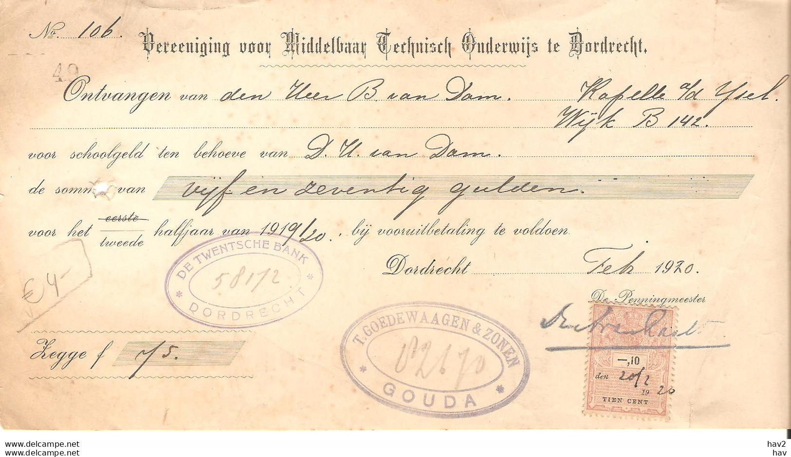 Dordrecht Oude Nota Technisch Onderwijs1920 KE4761 - Revenue Stamps