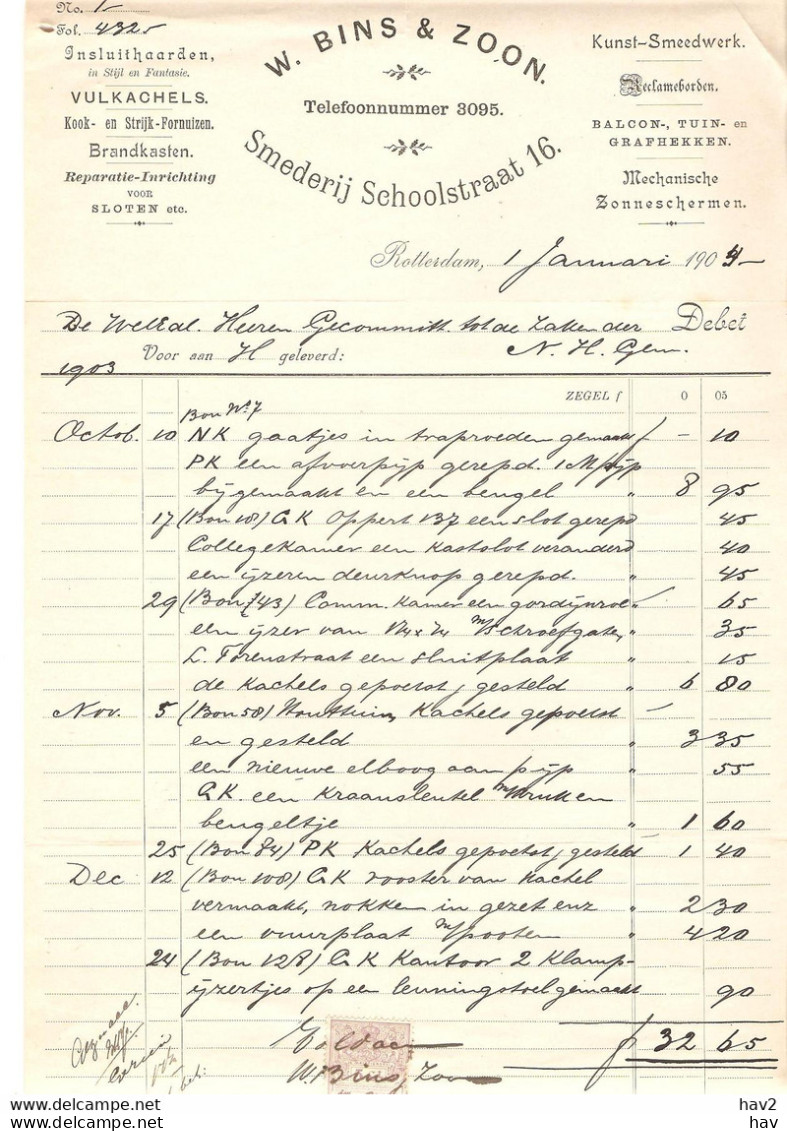 Rotterdam Briefhoofd Smederij V. Bins 1903 KE4727 - Nederland