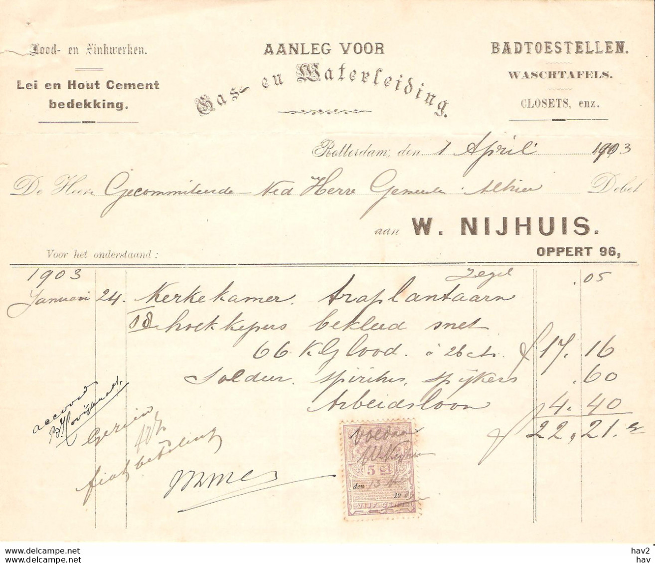 Rotterdam Briefhoofd  Nijhuis Gas Kerk 1903 KE4722 - Pays-Bas