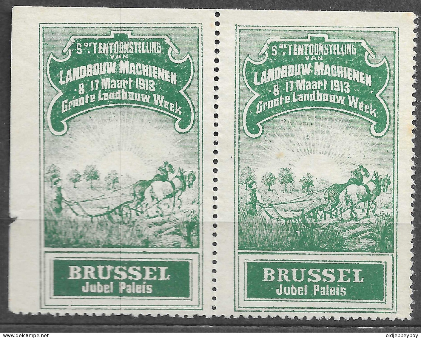  BELGIQUE BRUXELLES 5 EXPOSITION DE MACHINES AGRICOLES 1913 PALAIS DU CINQUETENAIRE VIGNETTE Reklamemarke  Erinnofili - Erinnofilia