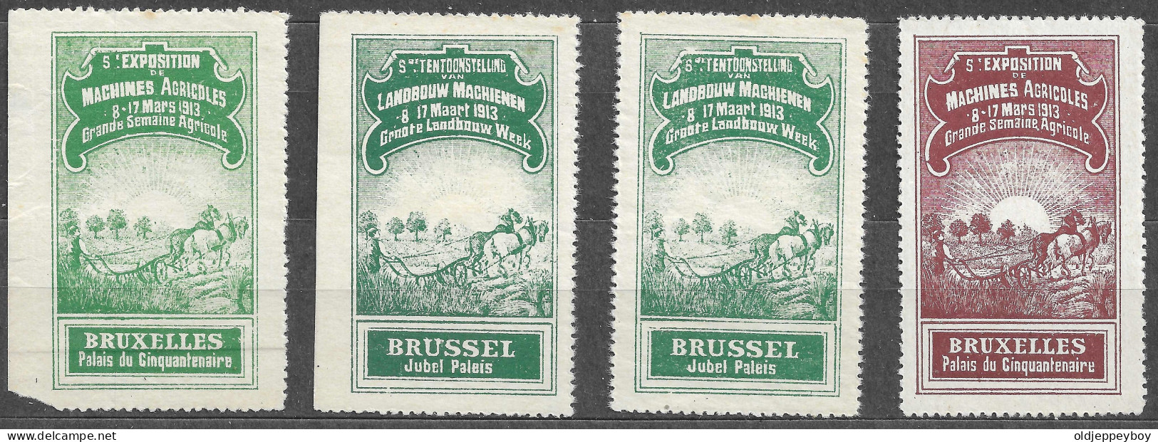 X 4 BELGIQUE BRUXELLES 5 EXPOSITION DE MACHINES AGRICOLES 1913 PALAIS DU CINQUETENAIRE VIGNETTE Reklamemarke  Erinnofili - Erinnofilia