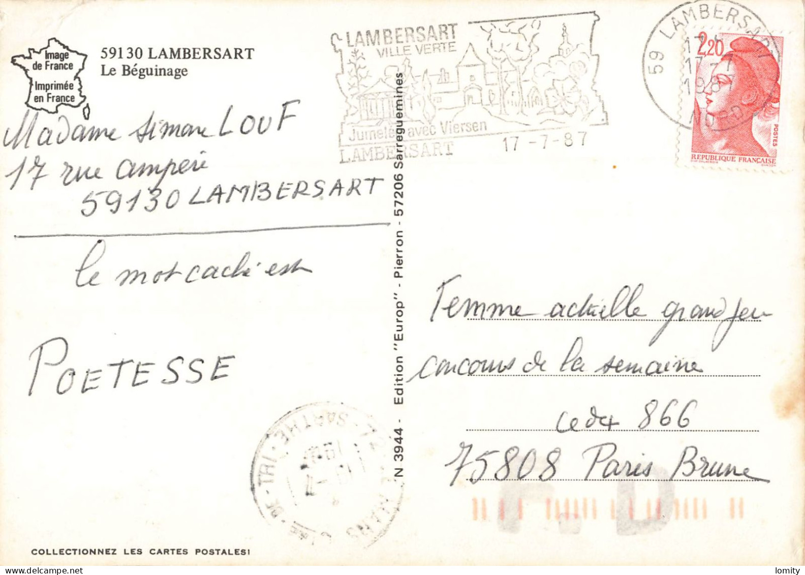 59 Lambersart Le Béguinage CPM Cachet Flamme 1987 - Lambersart