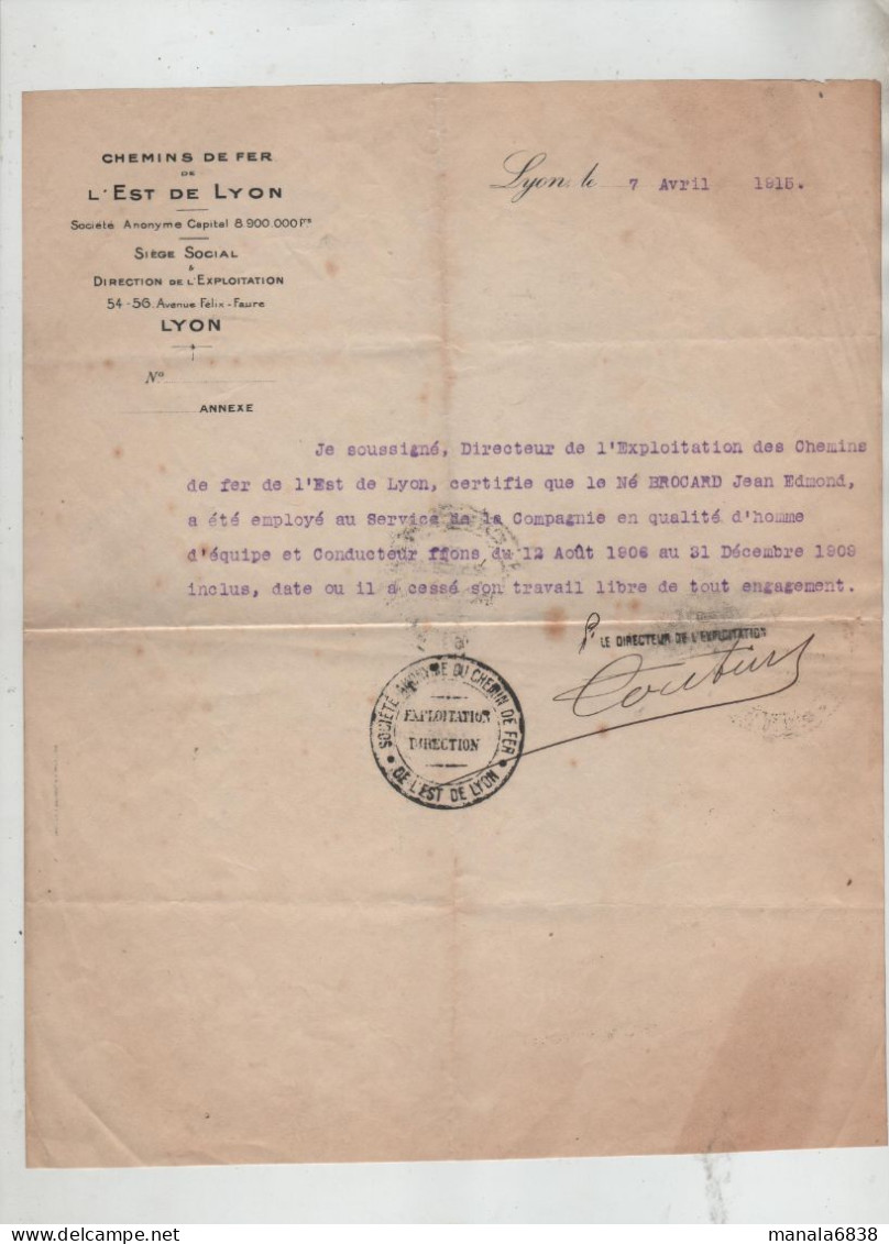 Chemins De Fer Est De Lyon 1915 Brocard Employé De 1906 à 1909 Homme D'équipe Et Conducteur - Ohne Zuordnung