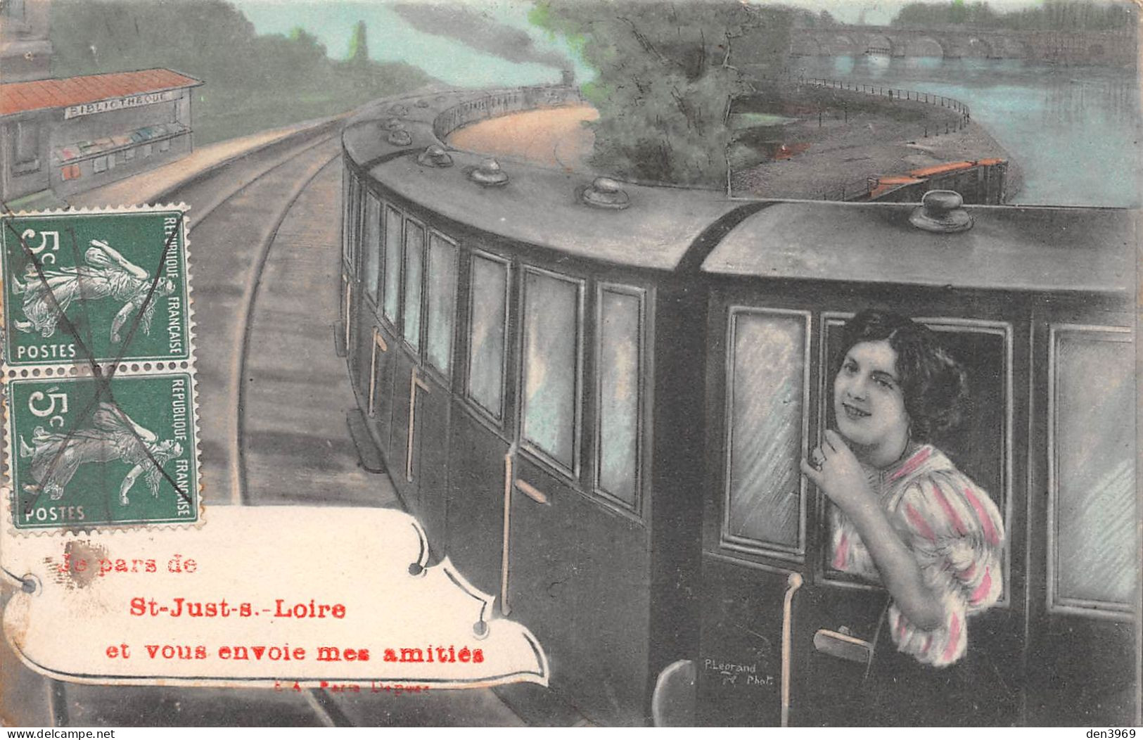 Je Pars De SAINT-JUST-sur-LOIRE (Loire) Et Vous Envoie Mes Amitiés - Train Fantaisie - Voyagé 1909 (2 Scans) - Saint Just Saint Rambert