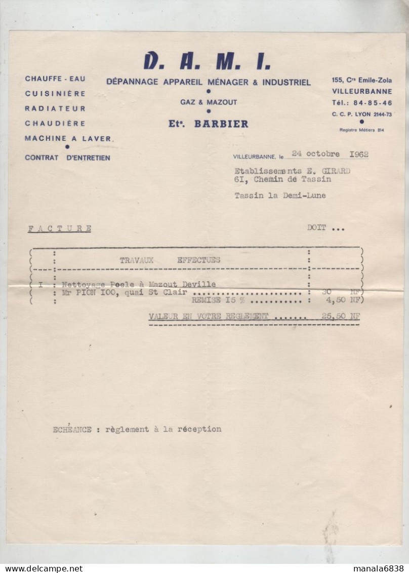 Girard Chauffage Au Mazout Tassin La Demi Lune 1962 Pion Dami Barbier Villeurbanne - Ohne Zuordnung
