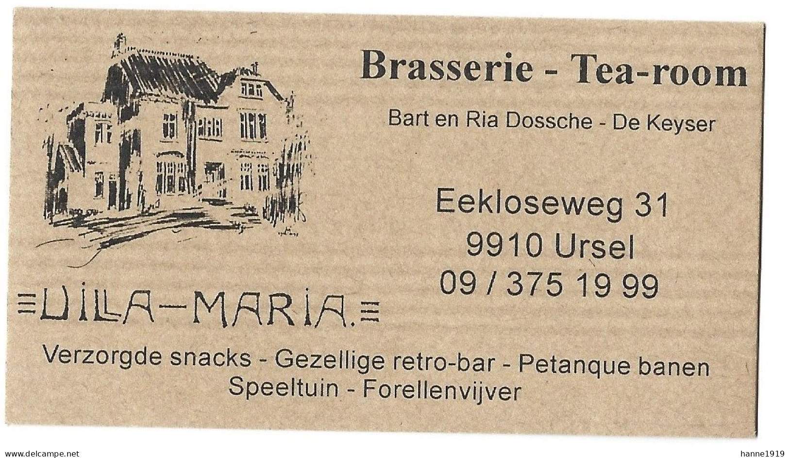 Knesselare Ursel Brasserie Tearoom Villa Maria Etiquette Visitekaartje Htje - Cartes De Visite