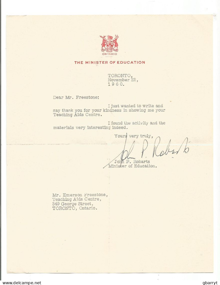 Premier Of Ontario John Robarts Signed Letter With Envelope......................(Box 6) - Cartas & Documentos