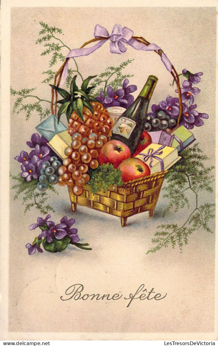 CPA - FANTAISIE - Fleurs Violettes Et Un Panier De Réserve - Vin Raisin Fruit - CARTE POSTALE ANCIENNE - Sonstige & Ohne Zuordnung