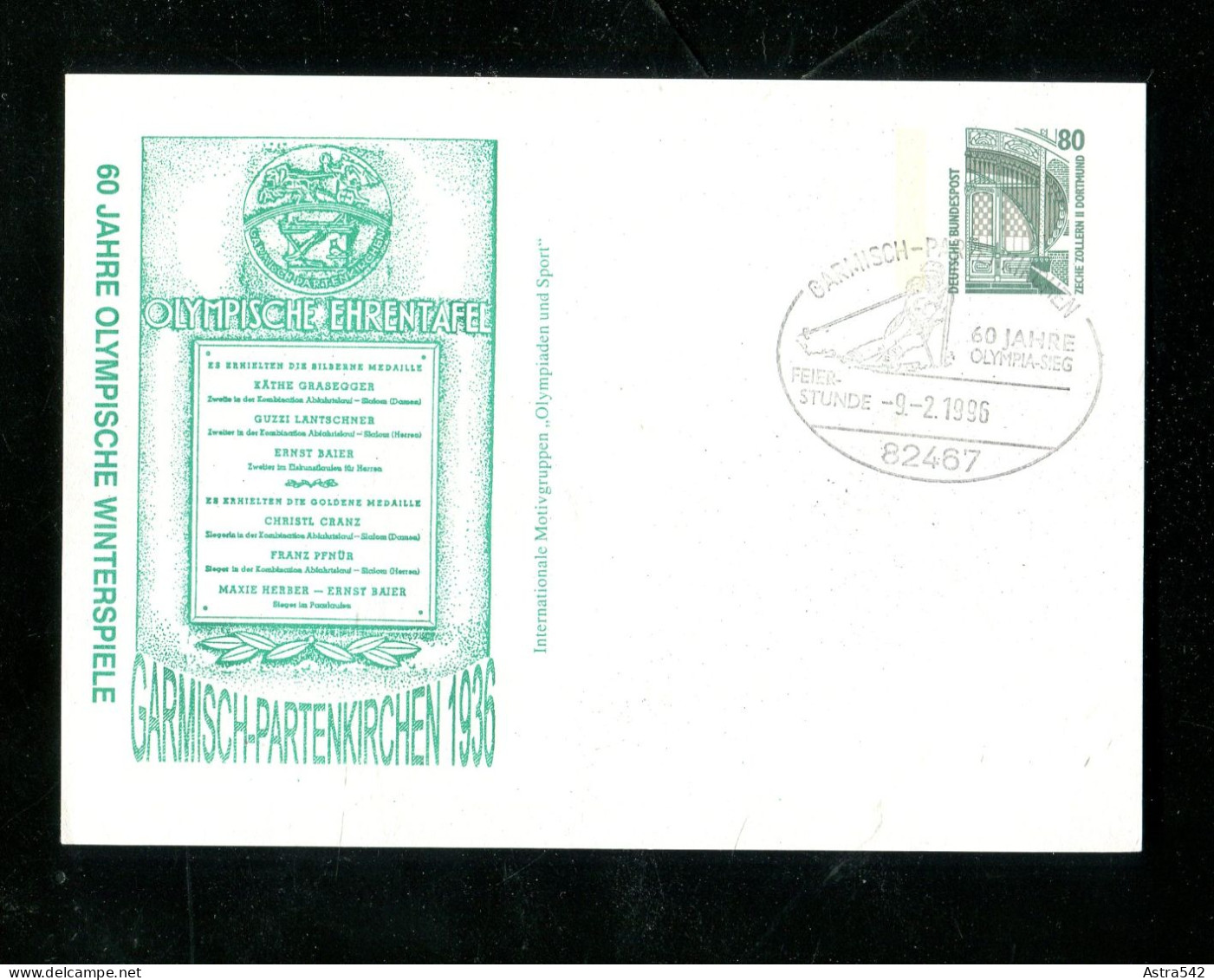 "BUNDESREPUBLIK DEUTSCHLAND" 1996, Privat-Postkarte "OLYMPIADE" SSt. "Garmisch Partenkirchen" (18665) - Postales Privados - Usados