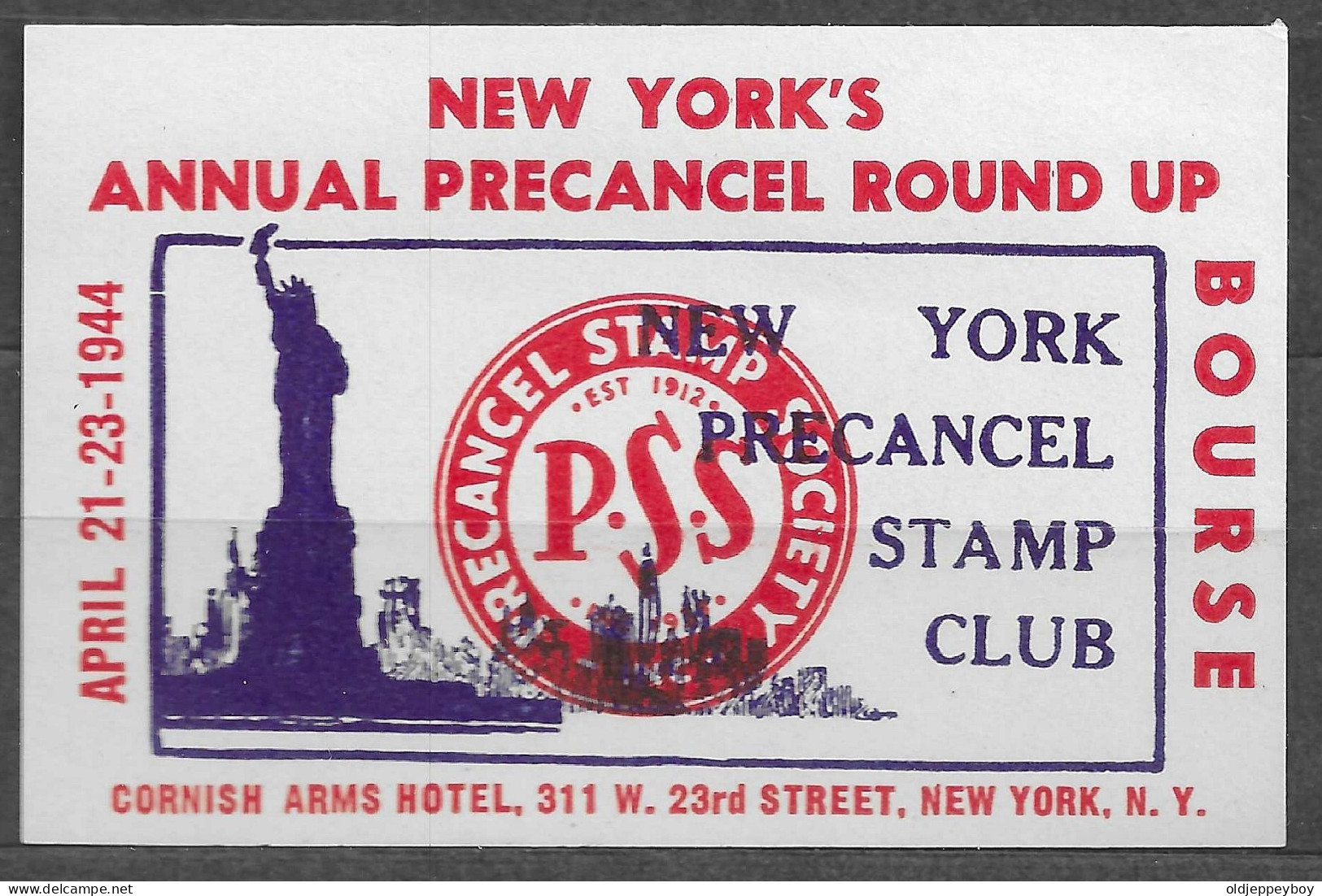 1944 NEW YORK ANNUAL PRECANCEL ROUND UP BOURSE CORNISH ARMS HOTEL VIGNETTE Reklamemarke  Erinnofili POSTER LABEL - Erinnofilia