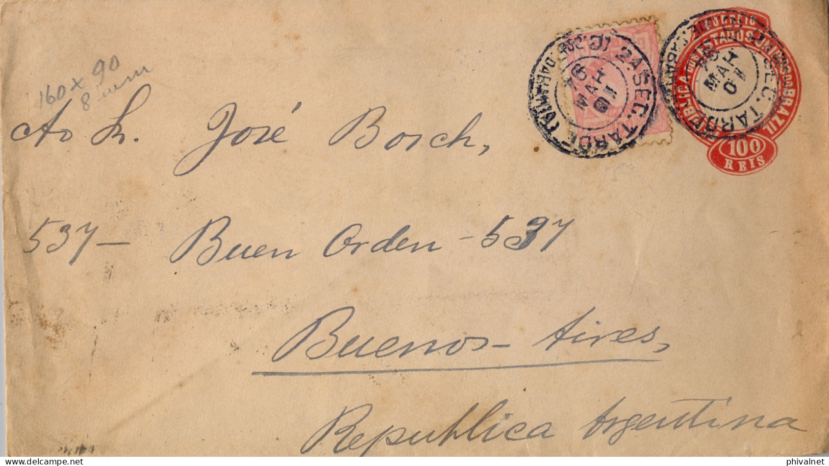 1894 BRASIL , SOBRE ENTERO POSTAL CIRCULADO , BAHIA - BUENOS AIRES , SEC. TARDE , FR. COMPLEMENTARIO , LLEGADA - Cartas & Documentos