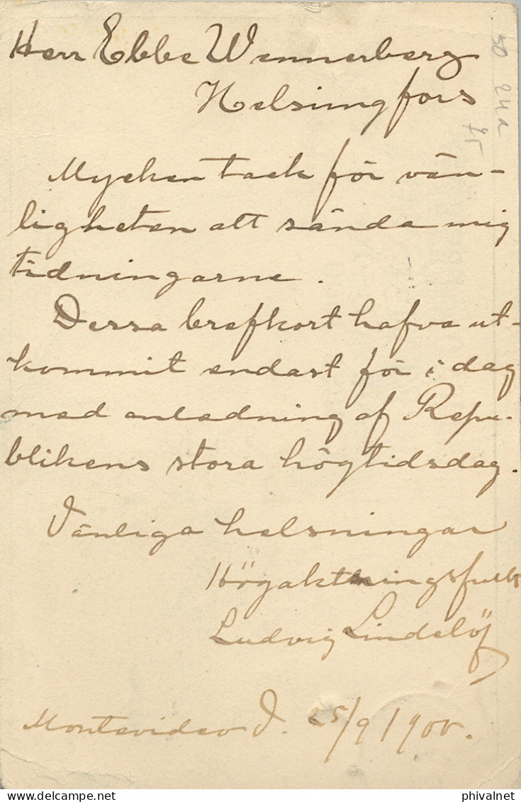 1900 URUGUAY , T. ENTERO POSTAL CIRCULADA , MONTEVIDEO - HELSINKI , LLEGADA , YV. 75 , 76  - Uruguay