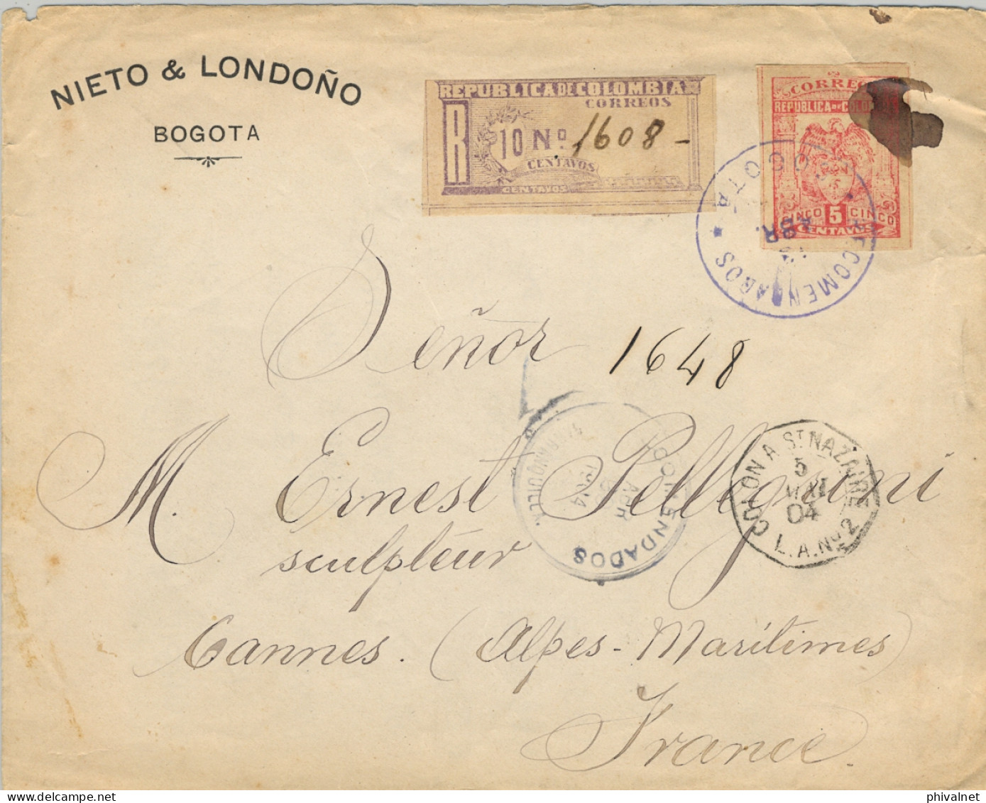 1904 COLOMBIA , SOBRE CERTIFICADO , CORREO MARÍTIMO , BOGOTÁ - CANNES , LLEGADA , COLON A ST. NAZAIRE , YV. 173  - Kolumbien