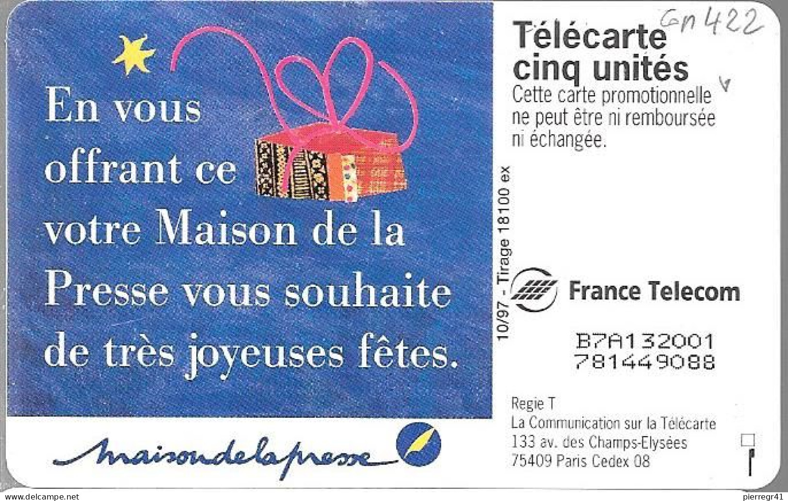 CARTE-FR-PRIVEE-Gn422-10/97-GEMB-MAISON  PRESSE-Utilisé-SérieN°32001- TBE - 5 Unités