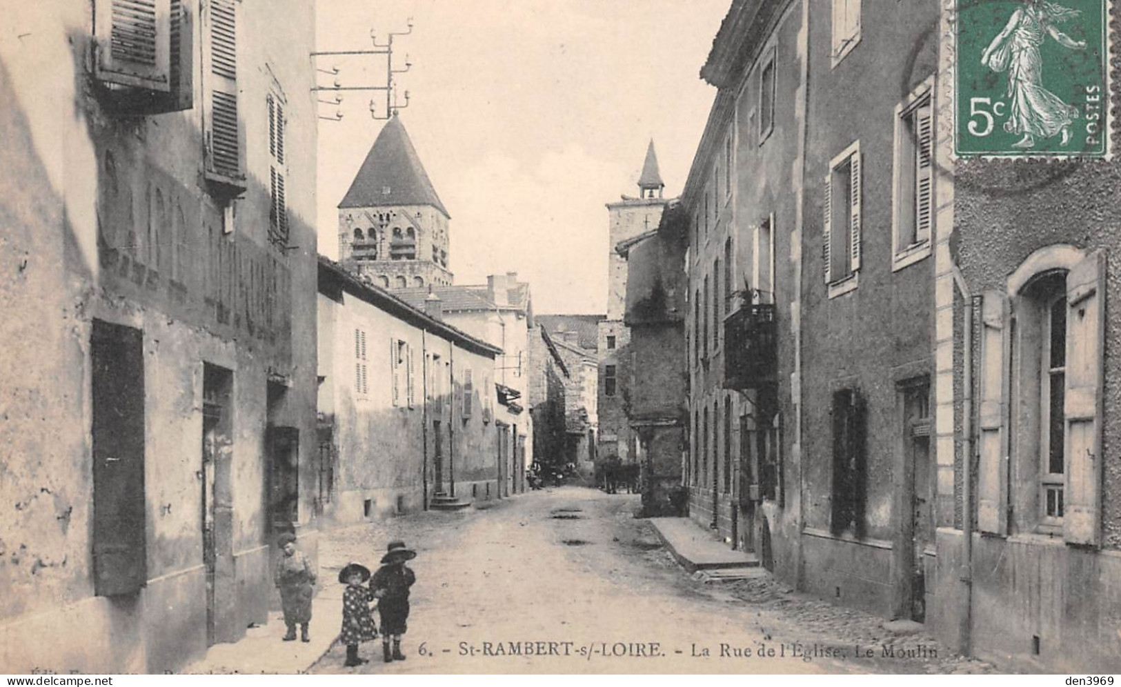 SAINT-RAMBERT-sur-LOIRE (Loire) - La Rue De L'Eglise, Le Moulin - Voyagé 1908 (2 Scans) Notaire Burnat à St-Jean-le-Puy - Saint Just Saint Rambert