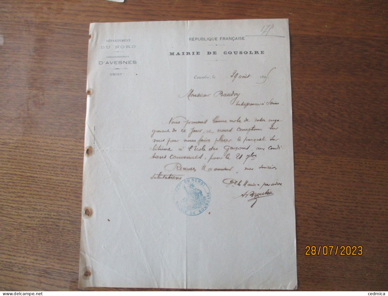 MAIRIE DE COUSOLRE ARRONDISSEMENT D'AVESNES MAIRIE COURRIER LE MAIRE A MONSIEUR BAUDRY ENTREPRENEUR - Manuscrits