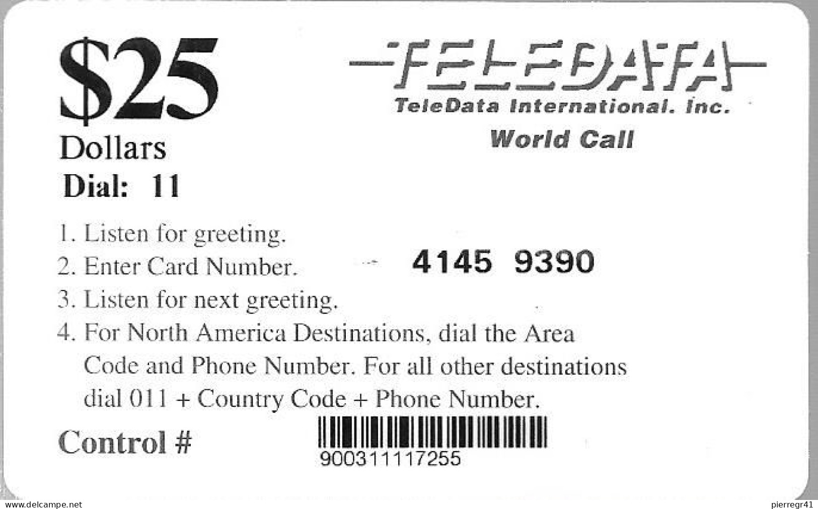 CARTE²-PREPAYEE-USA-TELEDATA-25$-MILITAIRE-Plastic Fin-Code 4/4 N°-TBE - Military Phonecards