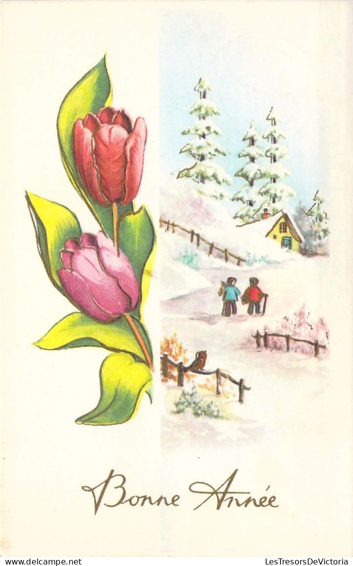 CPA - Nouvel An - Illustration Non Signée - Tulipes Et Village Enneigé - CARTE POSTALE ANCIENNE - Neujahr