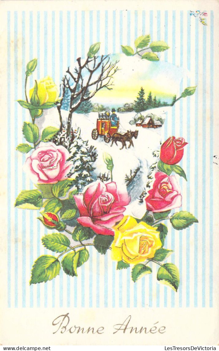 CPA - Nouvel An - Illustration Non Signée - Bouquet De Roses - Calèche - Fond Rayures Bleues - CARTE POSTALE ANCIENNE - Neujahr